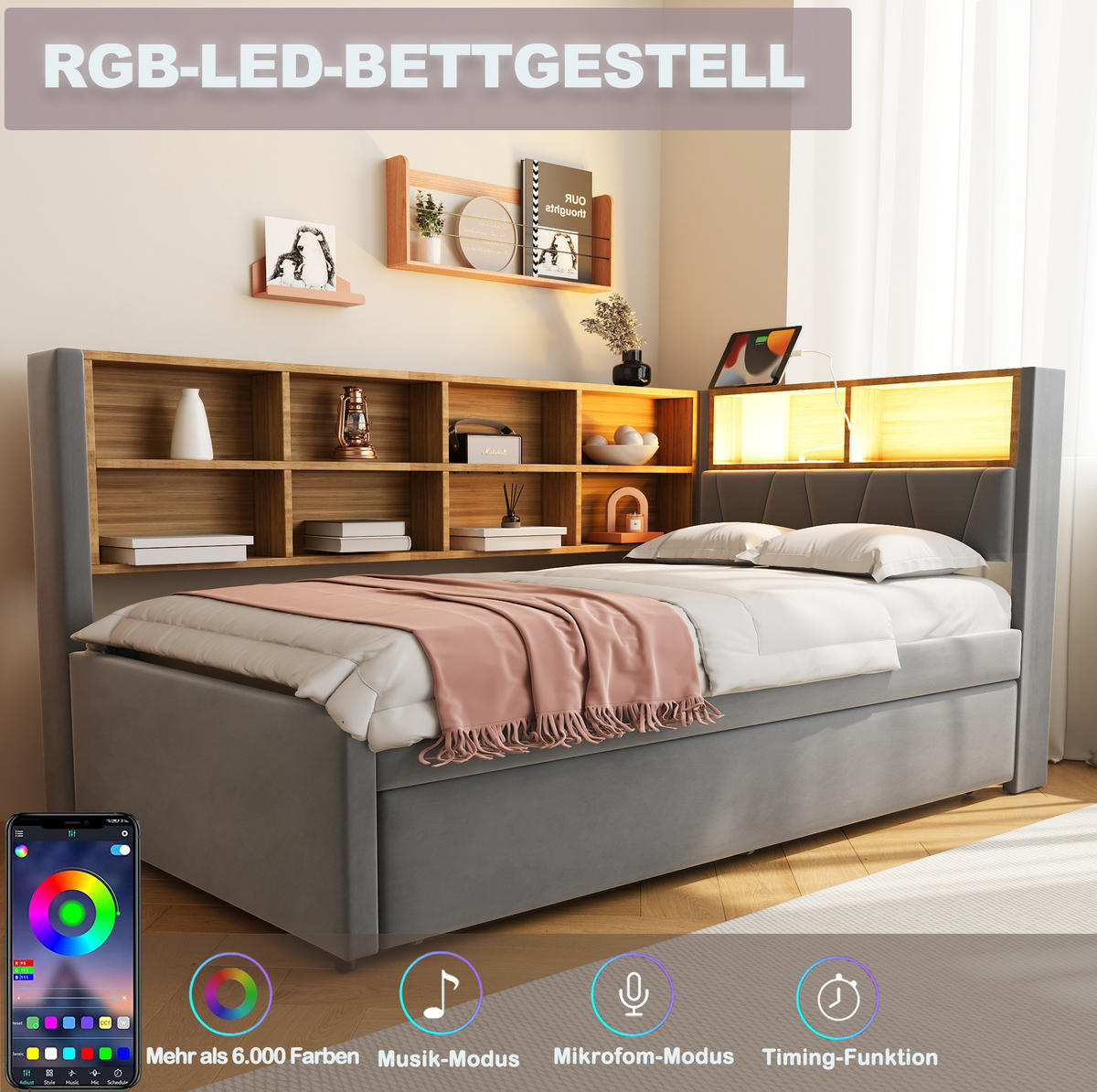POLSTERBETT 90/200 cm Dunkelgrau aus Flanell mit Ausziehbett - Dunkelgrau, Textil (90/200cm) - OKMYHOME