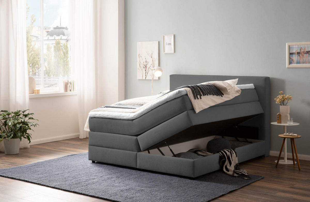 BOXSPRINGBETT LOFT 180x200 Anthrazit H2 und H3 mit Bettkasten 7-Zonen Taschenfederkern Matratze inkl. Visco Topper - Anthrazit, Textil (180/200cm) - Belanoti