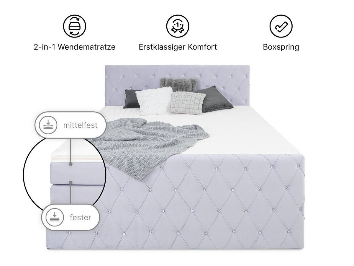 BOXSPRINGBETT Dubai Lila 160 /200 cm H2/H3 Samt - Lila, Textil (160/200cm) - wonello