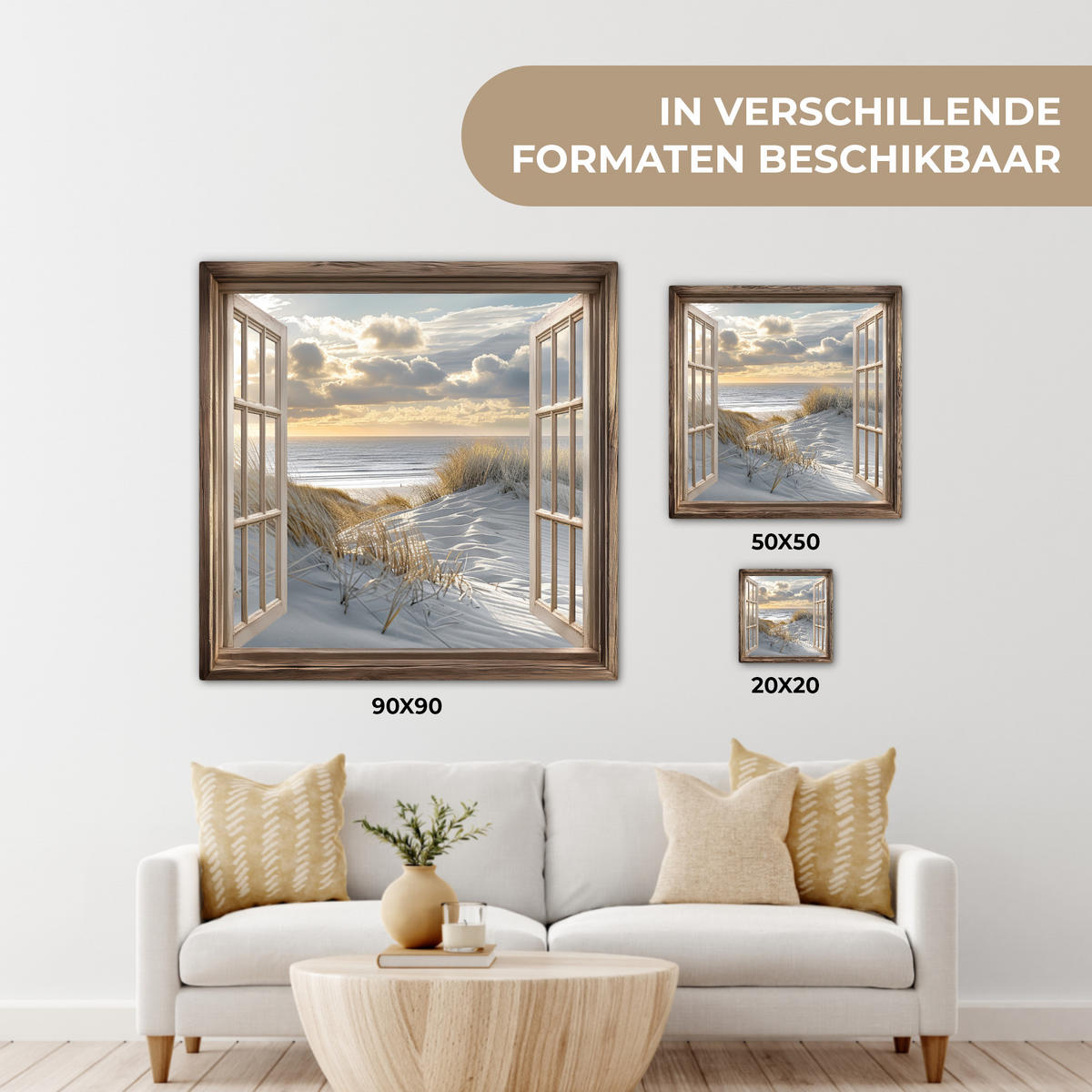 LEINWANDBILD Ausblick - Strand - Dünen - Meer - Natur Wandbild Wohnzimmer 50x50 cm - Sandfarben, Textil (50/50cm) - MuchoWow