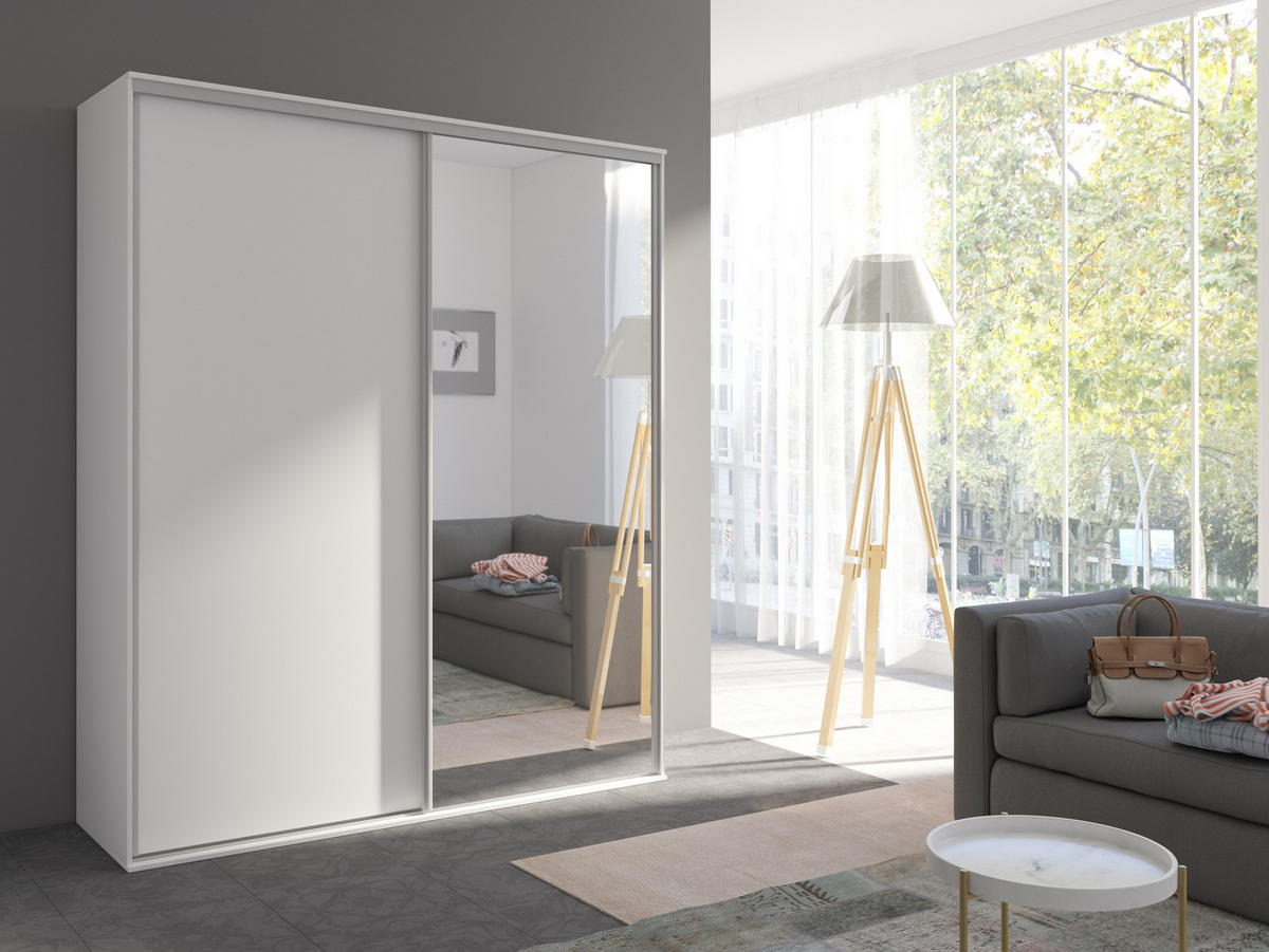 SCHIEBETÜRENSCHRANK - Kleiderschrank BORA 204 mit Spiegel - Weiß - Weiß, Holzwerkstoff (204/244/62cm) - Möblo