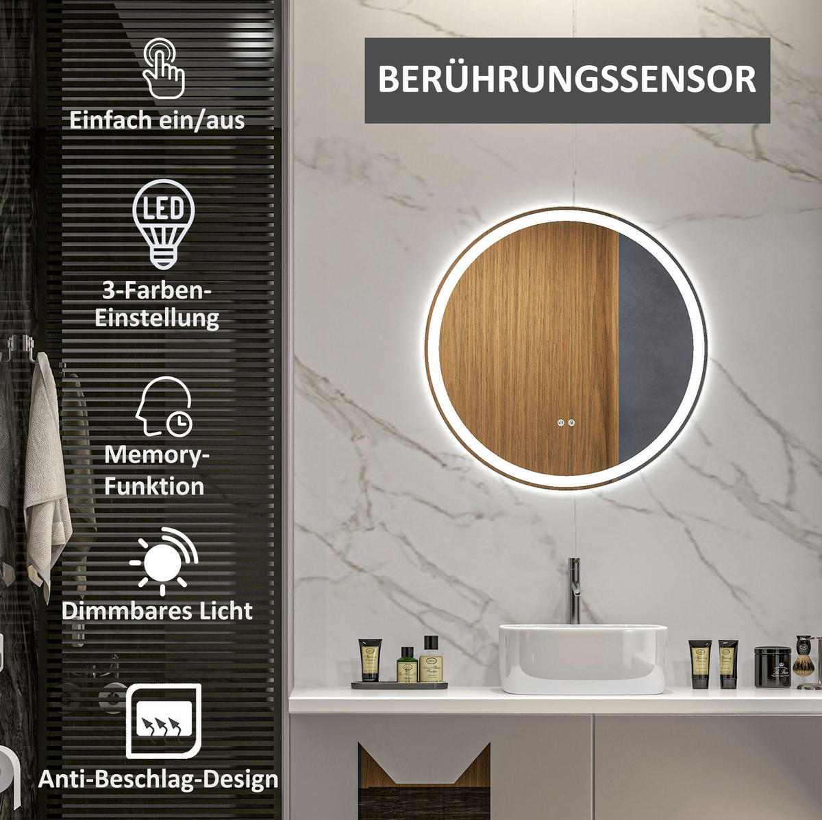 WANDSPIEGEL Runder 60/3/60 cm weiß aus Aluminium mit LED-Touch, Memory und Antibeschlag - Weiß, Metall (3/60/60cm) - OKWISH