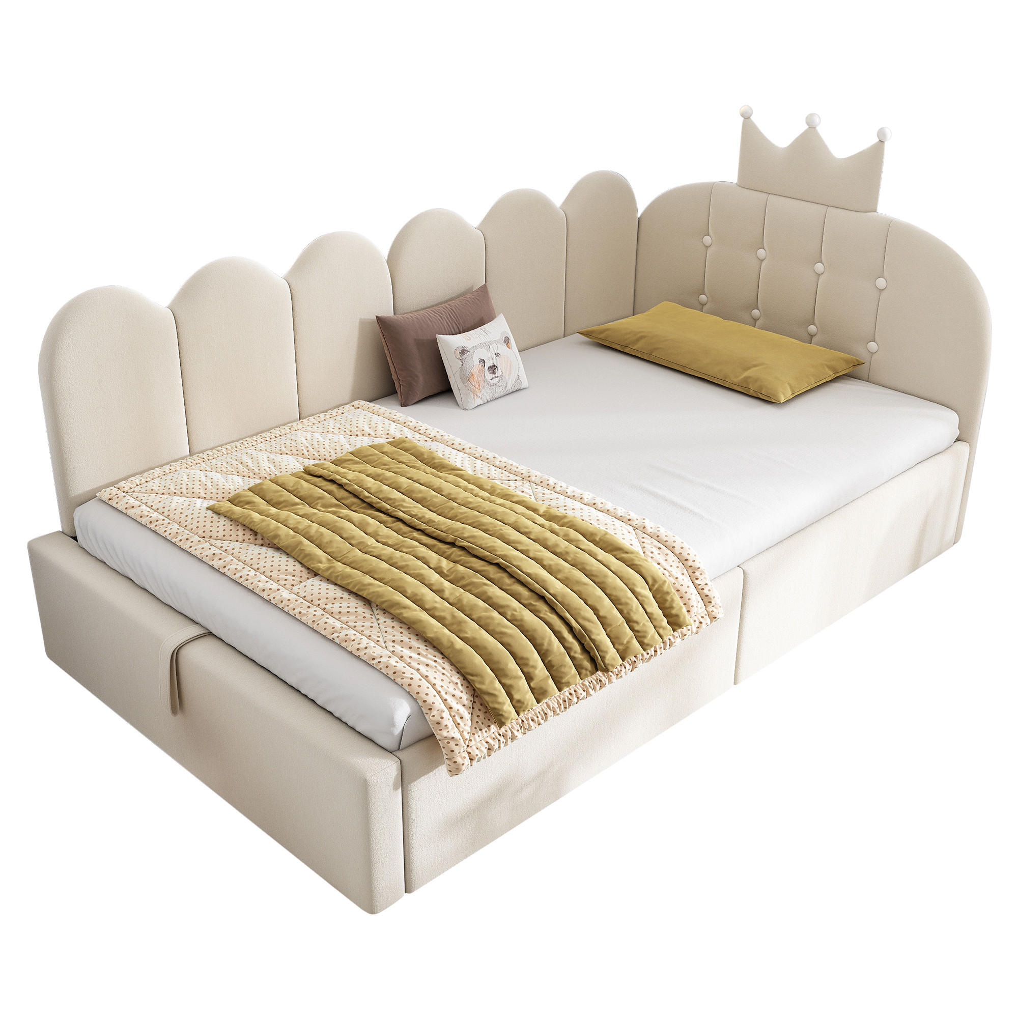 POLSTERBETT 90/200 cm in Beige Samt mit Bettkasten im Kronen- und Gitterdesign - Beige, Holzwerkstoff/Textil (90/200cm) - STILVORA