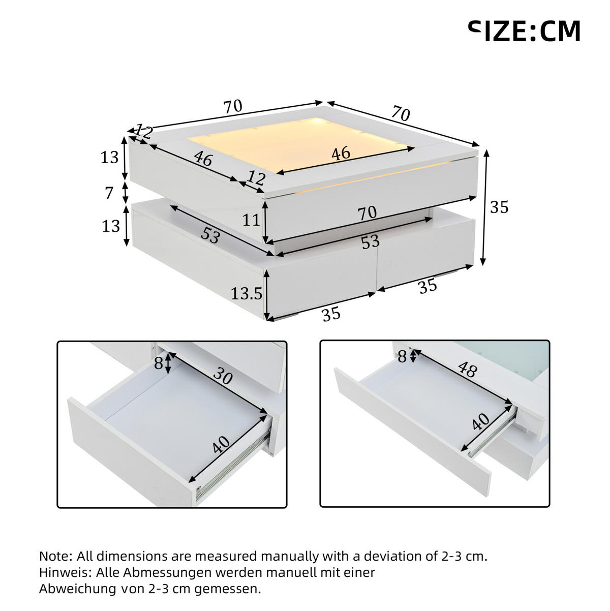 COUCHTISCH 70/70/35 cm mit LED-Beleuchtung, 3 Schubladen und Glastischplatte, Weiß - Weiß, Holzwerkstoff (70/70/35cm) - Modfu