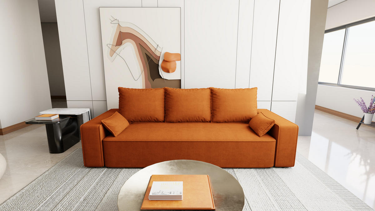 SOFA Veno mit Bettkasten und Schlaffunktion, Couch, Schlafsofa, Velourstoff - Rostfarben, Holzwerkstoff (242/85/95cm)