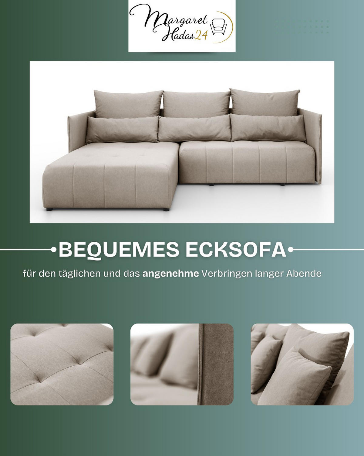 ECKSOFA L Form Hanna 246 x 188 cm mit Schlaffunktion und Bettkasten, 4 Sitzer, Bettzeugablage, Sofa, Eckcouch, cappuccino, links - Hellbraun, Kunststoff (246/188cm) - Margaret Hadas24