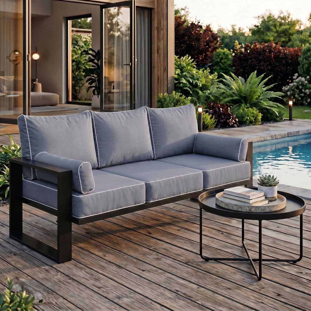 LOUNGESOFA 3-Sitzer Verdino mit Metallrahmen 215 cm Blaugrau - Anthrazit, Metall (215/90/87cm) - Beautysofa