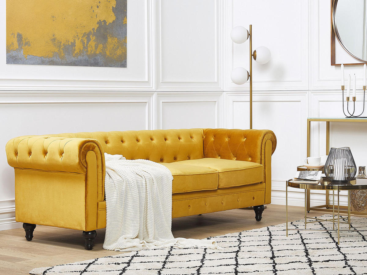 3-SITZER-SOFA Samtstoff Senfgelb Chesterfield - Gelb, Textil (201/70/75cm) - Beliani