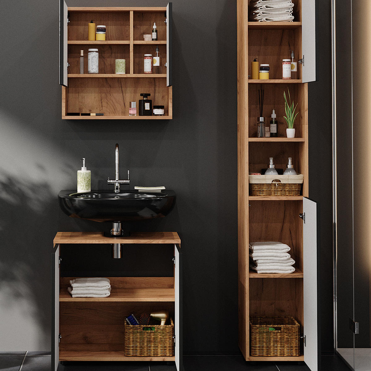BADMÖBEL-SET Irma Anthrazit gepunktet 3 Teile, mit Hochschrank - Anthrazit/Eiche Wotan, Holzwerkstoff (80/58.6/41cm) - Vicco
