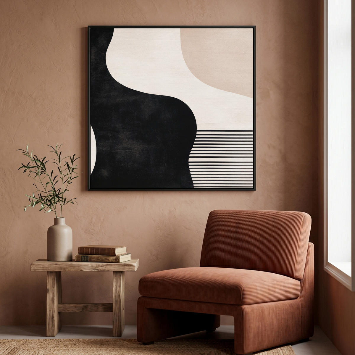 LEINWAND Bilder mit Rahmen - Abstrakt - Japandi - Beige - Modern - 90x90 - Schwarz, Textil (90/90cm) - MuchoWow