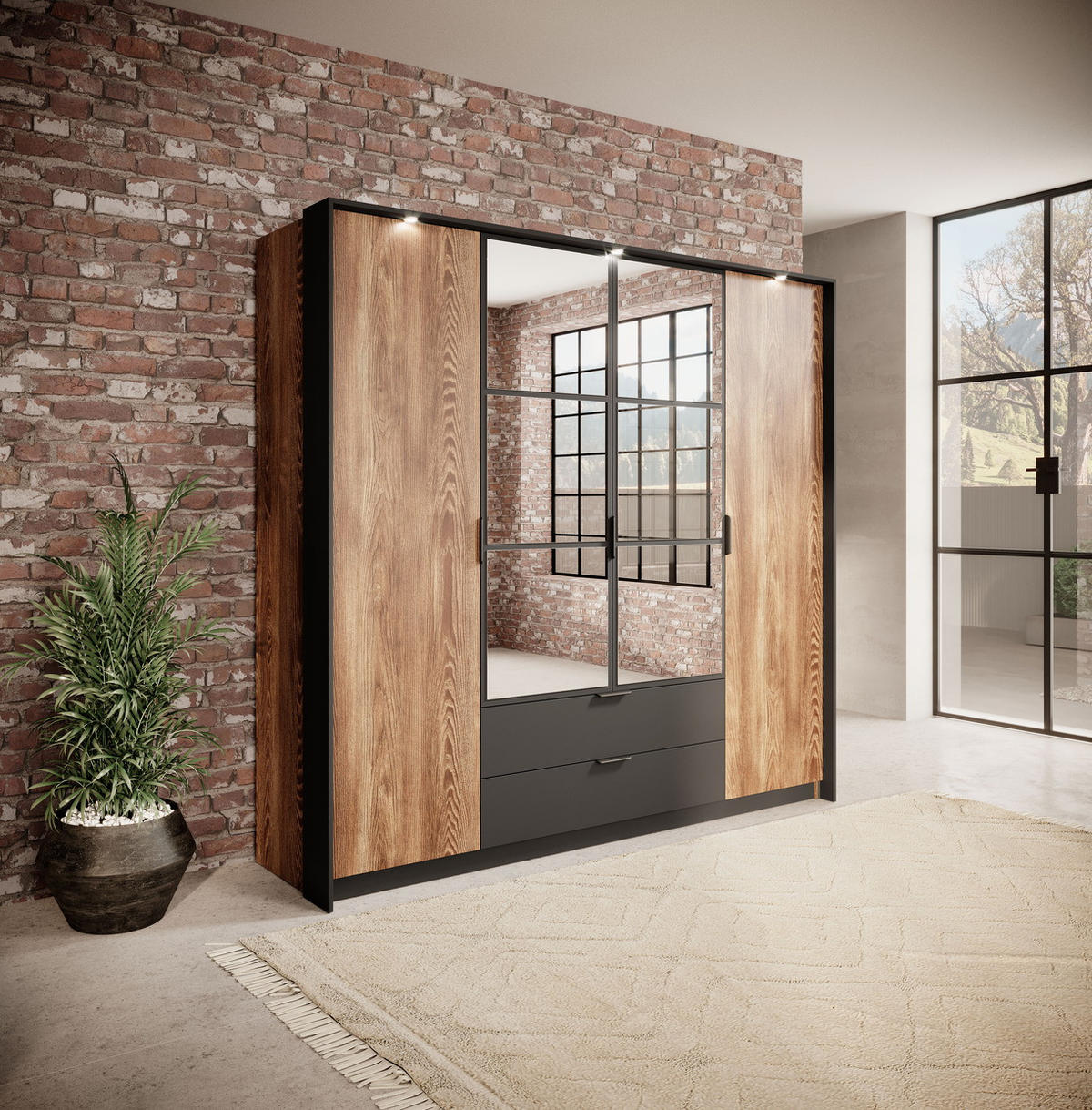 KLEIDERSCHRANK 225 cm mit LED Taviano, 4 Türen, Spiegel - Eichefarben, Holz (223/210/59cm) - Emporius