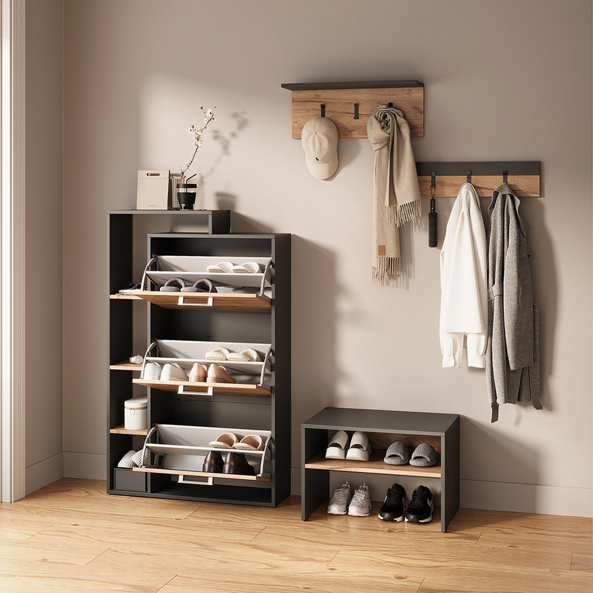 SCHUHBANK Ortello Anthrazit/Goldkraft Eiche 60 x 60 cm - Honigeiche/Anthrazit, Holzwerkstoff (60/60/40cm) - Livinity®