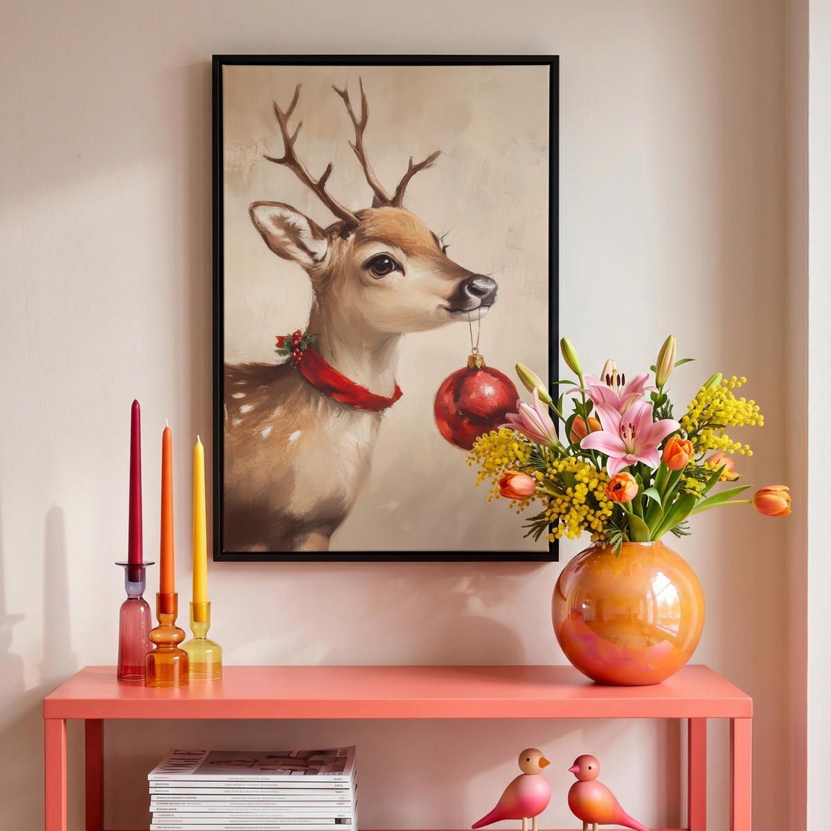 LEINWAND Bilder mit Rahmen - Weihnachten - Hirsch - Geweih - Weihnachtskugel - Rentier - 40x60 - Hellbraun, Textil (40/60cm) - MuchoWow