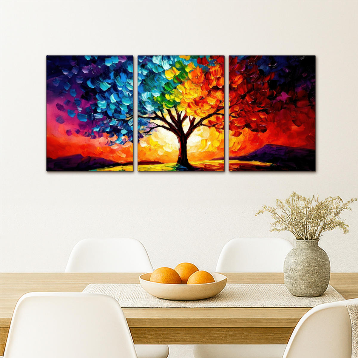LEINWANDBILD 3er Set Baum - Farbenfroh - Malerei-Look - Abstrakt 90x40 cm - Multicolor, Textil (90/40cm) - MuchoWow