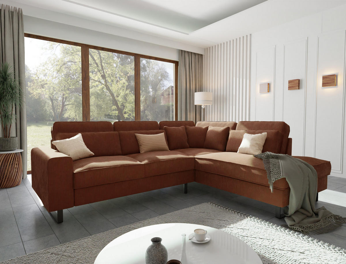 ECKSOFA Floe Terrakotta Cord - Terracotta/Schwarz, Holz/Kunststoff (290/231cm) - S-Style Möbel