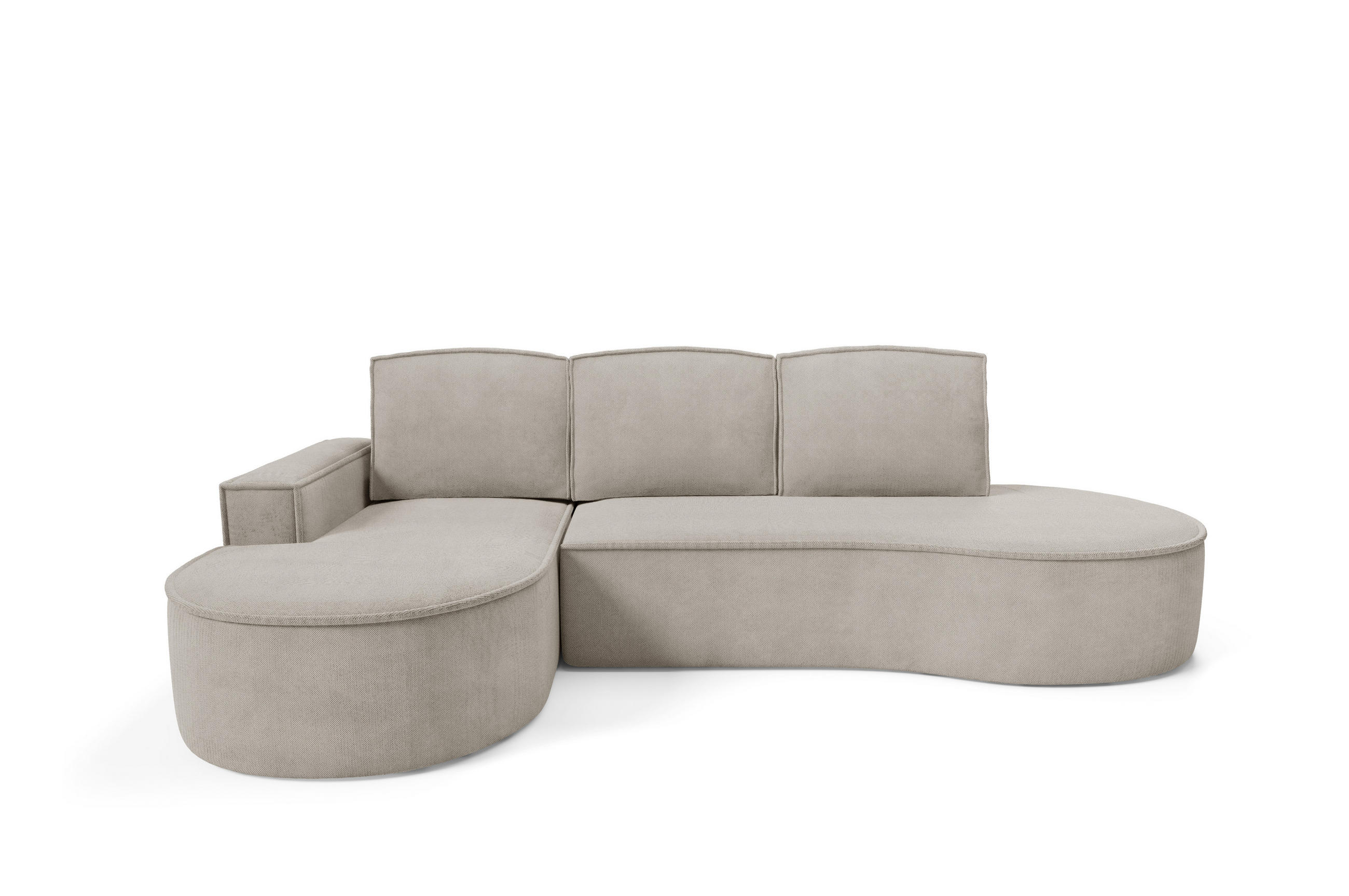 ECKSOFA MOLLY mit Schlaffunktion – Halbrund, freistehend, Liegefläche 140x207 cm, 3 Kissen, Abriamo-Stoff, 277x157x88 cm, Links Esche - Silberfarben, Holz/Textil (157/277cm) - DomoHome