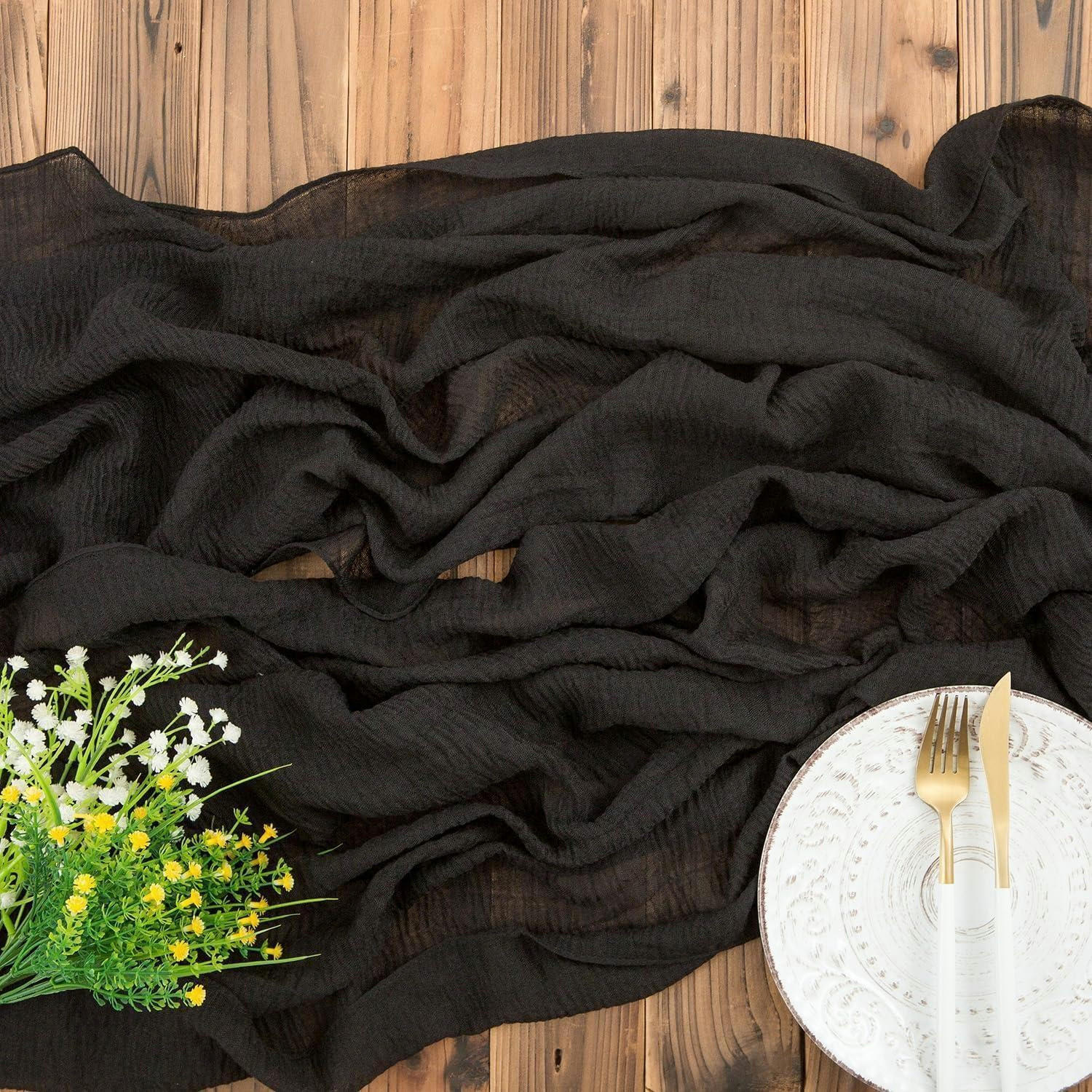 TISCHLÄUFER Musselin Schwarz 400 x 80 cm - Schwarz, Textil (400/80/1.5cm)