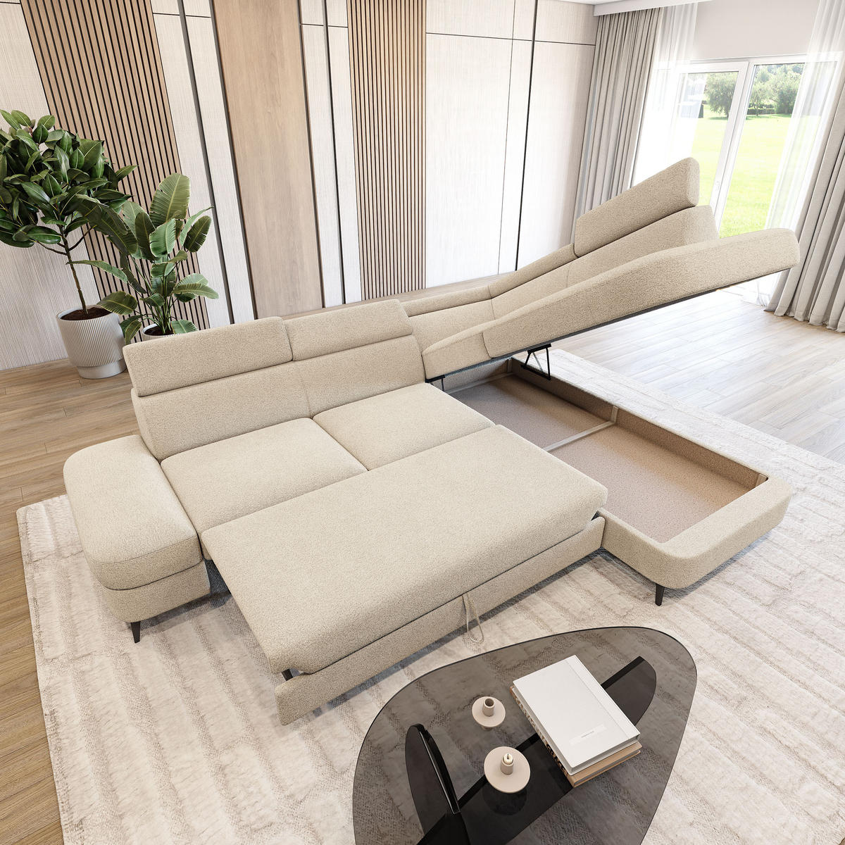 ECKSOFA AVISE Q R-S Creme Boucle-Stoff mit Schlaffunktion - Creme, Holzwerkstoff/Textil (268/195cm) - MASSENO