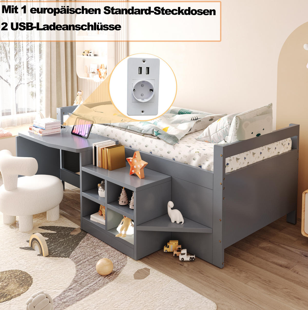 MULTIFUNKTIONSBETT 90/200 cm Grau mit Schreibtisch, Stauraum und Steckdose - Grau, Holz (90/200cm) - MIVRAY