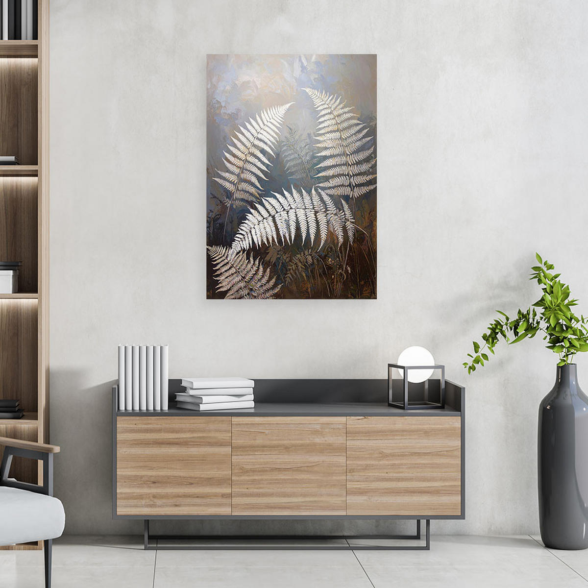 WANDBILD, Farnblätter Natur Pflanzen weiß grau - Weiß, Textil (70/100cm) - Feeby