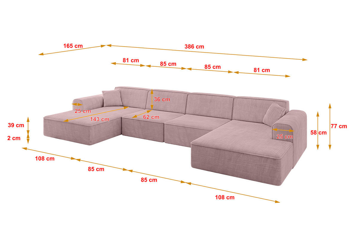 WOHNLANDSCHAFT IREA-U2-v3 - 386x165x77 cm Rosa - Rosa, Holzwerkstoff/Textil (386/77/165cm) - ALTDECOR