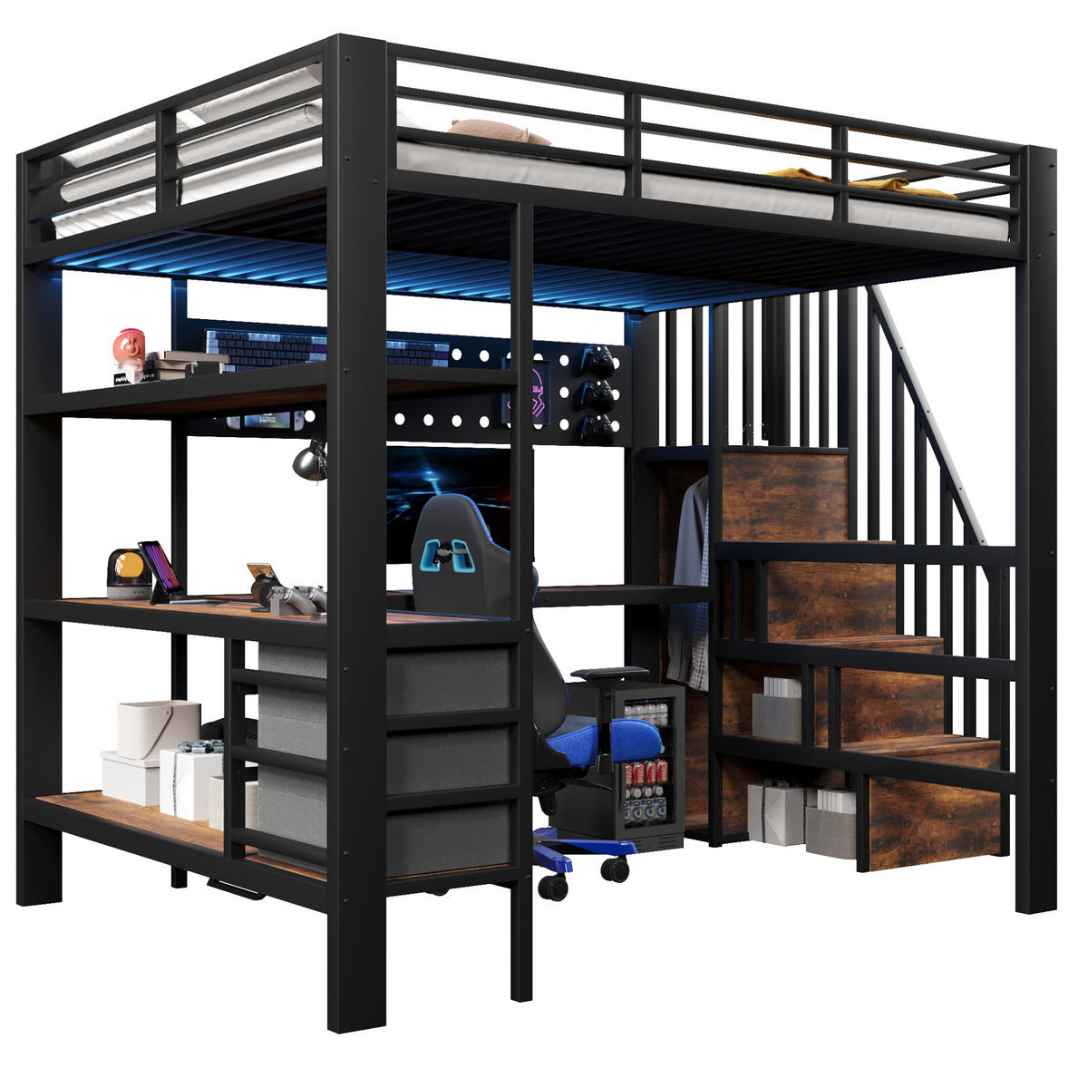 HOCHBETT 140/200 cm, Schwarz mit Ablagefläche, Schubladen, LED - Schwarz, Metall (140/200cm) - MIVRAY