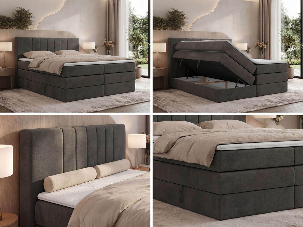 BOXSPRINGOVÁ POSTEĽ INERO KING 140/200 - Tmavosivá Samet - Topper Visco - H4 (tvrdý) - čierna/tmavosivá, textil/plast (140/200cm) - MKS
