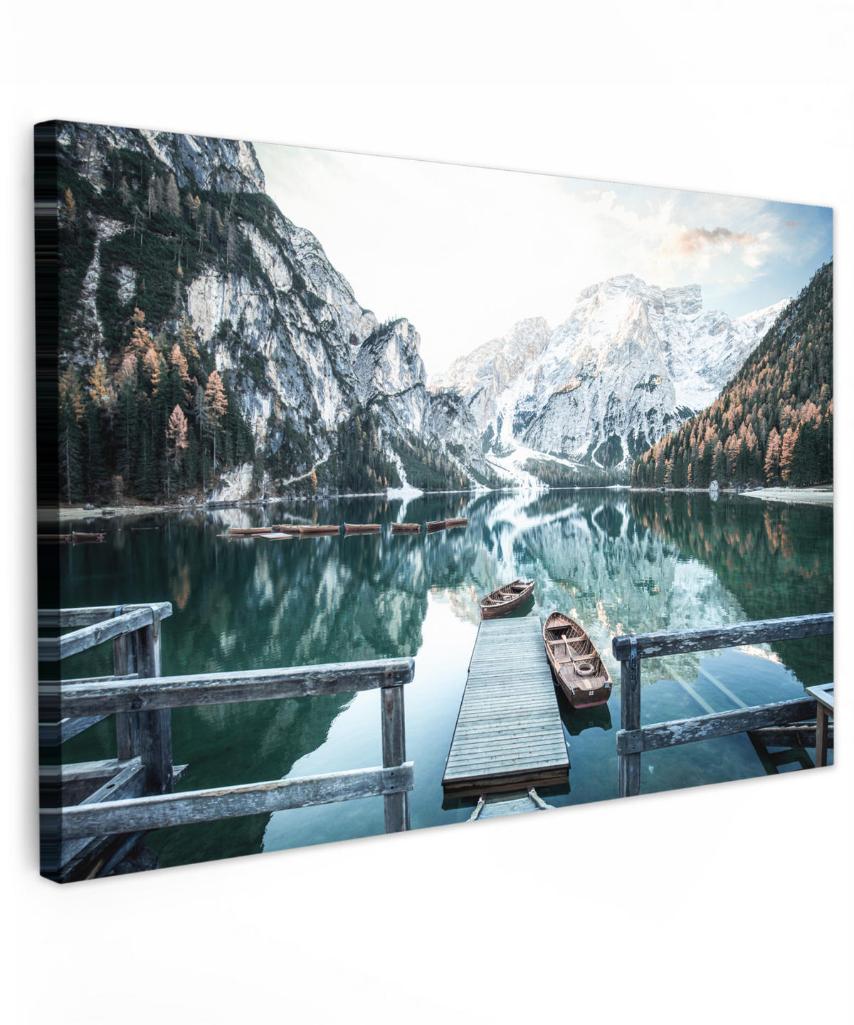 LEINWANDBILD Natur - Berge - Schnee - Wald - Boot Wohnzimmer Groß 120x80 cm - Hellgrün, Textil (120/80cm) - MuchoWow