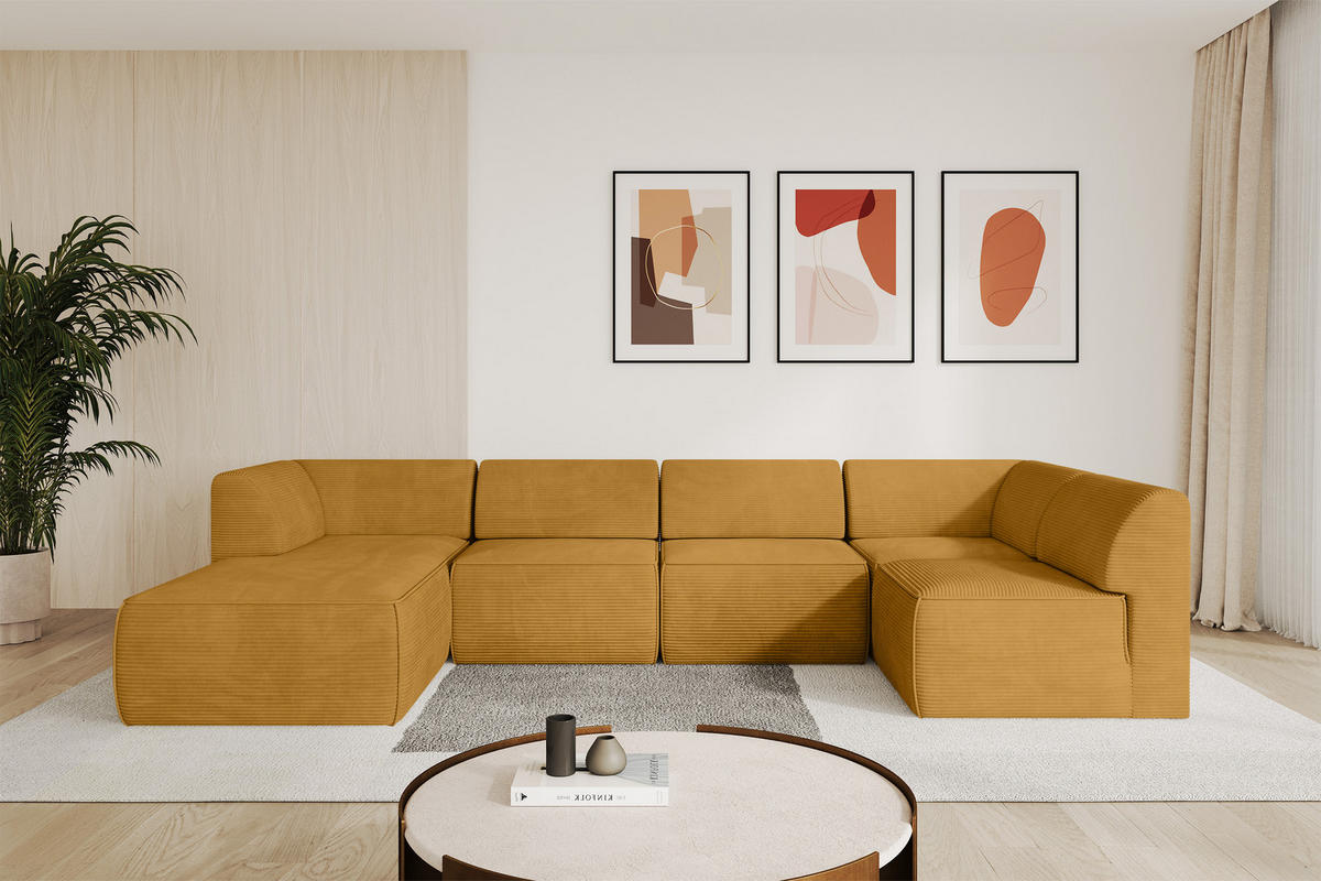 WOHNLANDSCHAFT Ottomane Links MOVO-L 345x180x78 cm Senffarbe Cord - Honig, Holzwerkstoff/Kunststoff (345/78/180cm) - ALTDECOR