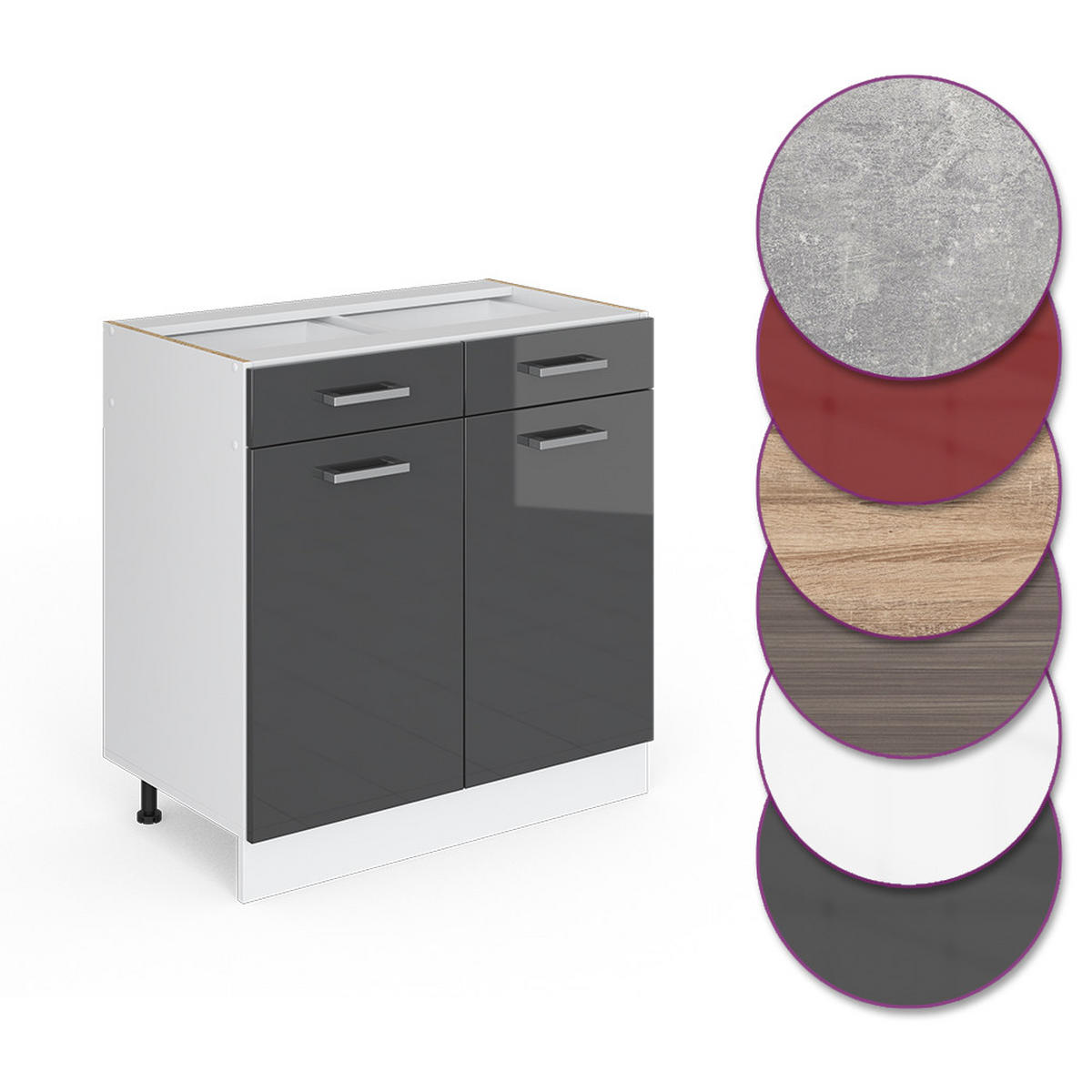 KÜCHENUNTERSCHRANK R-Line Anthrazit Hochglanz 80 cm ohne AP - Schwarz Hochglanz/Anthrazit, Holzwerkstoff (80/81.6/46cm) - Vicco