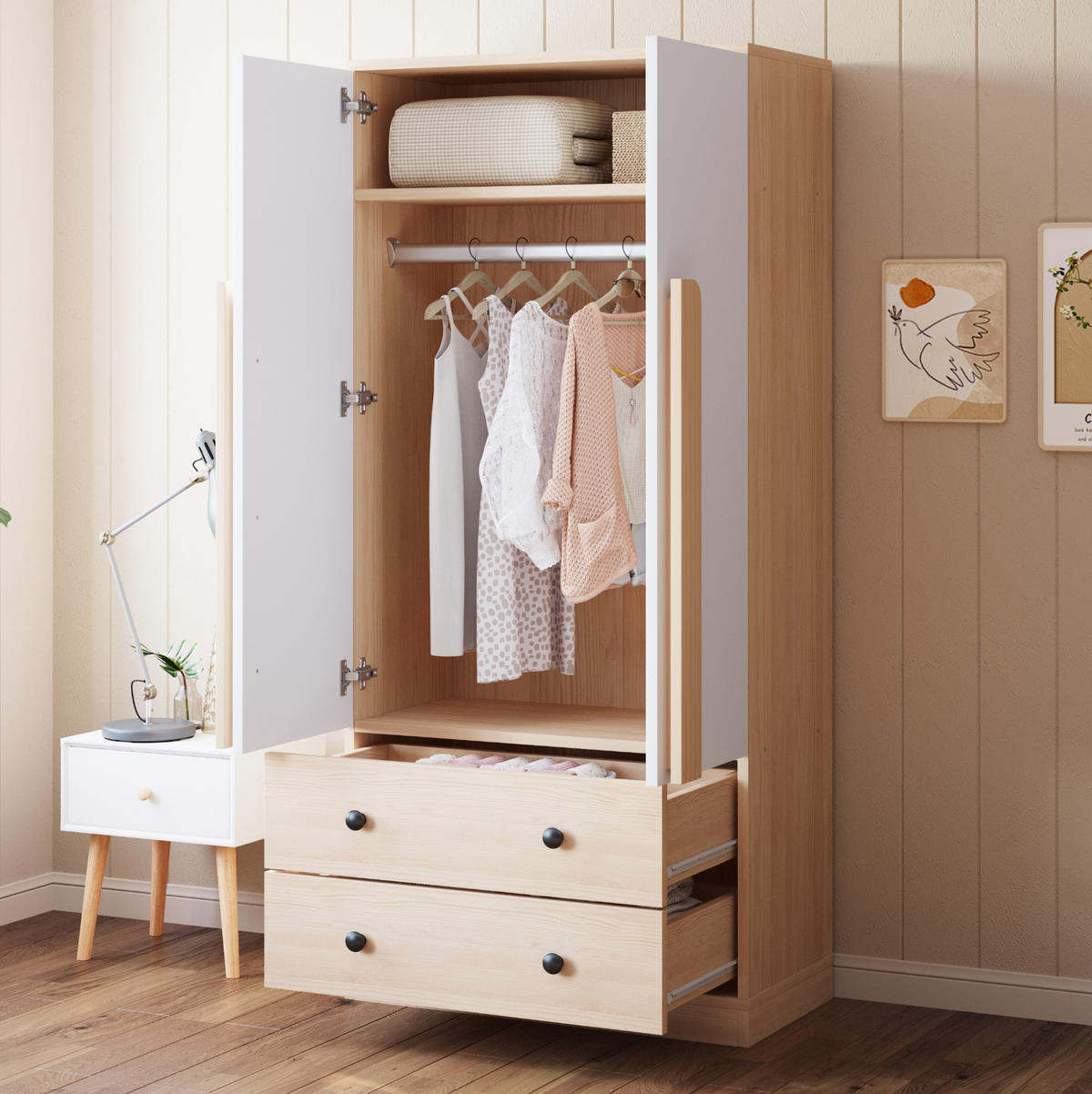 KLEIDERSCHRANK 70/170/40 cm Weiß/Holzfarbe aus Holz mit 2 Schubladen - Naturfarben, Holzwerkstoff (40/170/70cm) - OKMYHOME