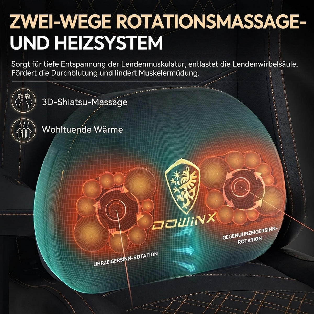 GAMING Stuhl &Massage-Wärmefunktion, atmungsaktivem Taschenfederkissen - Goldfarben, Leder (60/127/60cm)