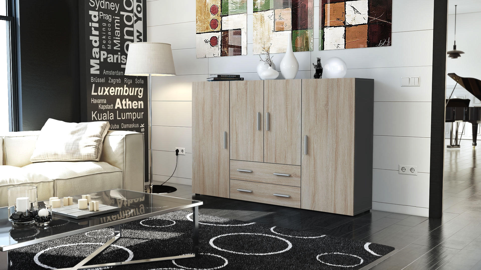 HIGHBOARD Nora Türen in Eiche sägerau - Eiche San Remo, Holzwerkstoff (166/106/35cm) - Vladon