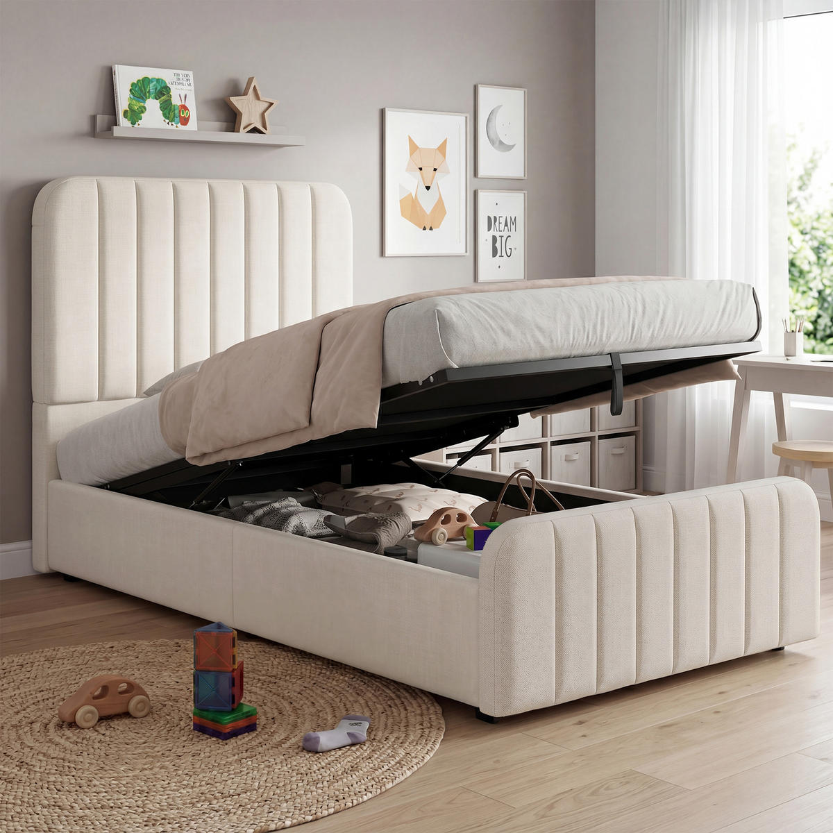 POLSTERBETT 90/200 cm in Beige mit Bettkasten, hydraulischer Hebefunktion, gepolstertem Kopfteil aus Leinen - Beige, Holzwerkstoff/Textil - STILVORA