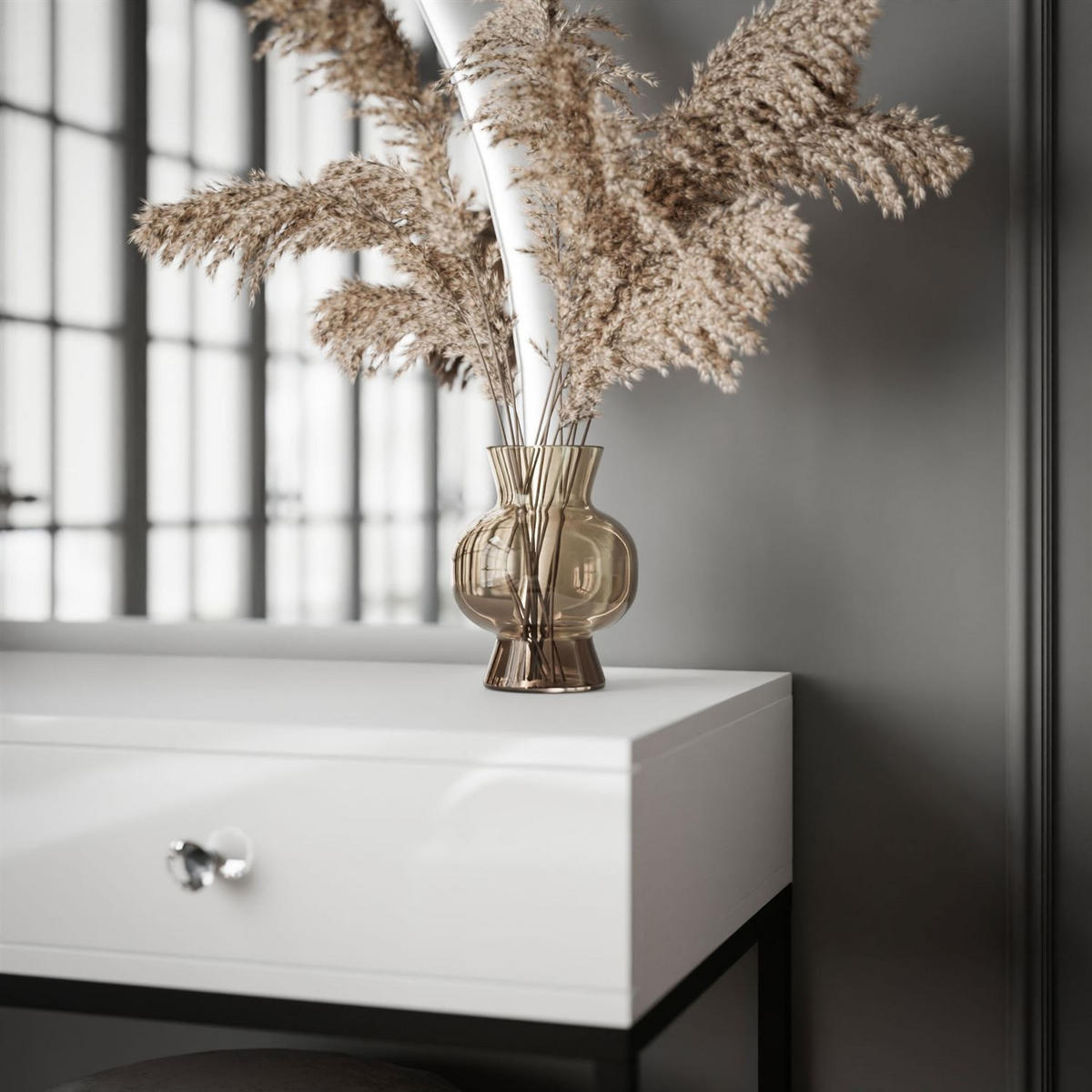 SCHMINKTISCH schwarz/weiß Hochglanz QUINNIE mit LED-Spiegel rechts Griff Kristall - Weiß Hochglanz/Schwarz, Holzwerkstoff (100/176/42cm) - Lookway