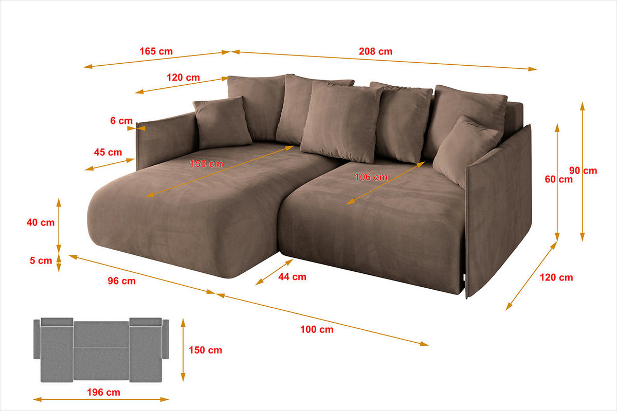 ECKSOFA mit Schlaffunktion und Bettkasten ONESK-L 208x165x40 Braun Velours - Braun, Holzwerkstoff/Kunststoff (208/165cm) - ALTDECOR