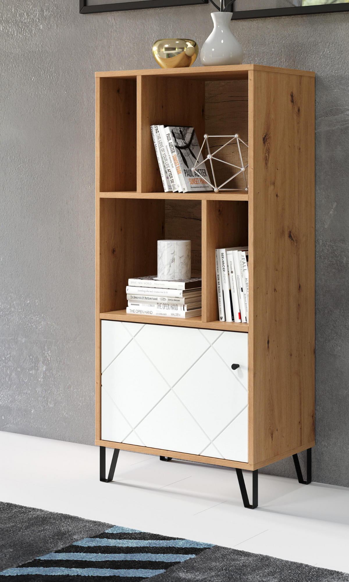 REGALSCHRANK weiß matt, Eiche Artisan 63 x 136 cm, Bücherregal mit Rautenoptik - Eichefarben/Schwarz, Holzwerkstoff/Kunststoff (63/136/40cm) - Top.Furn