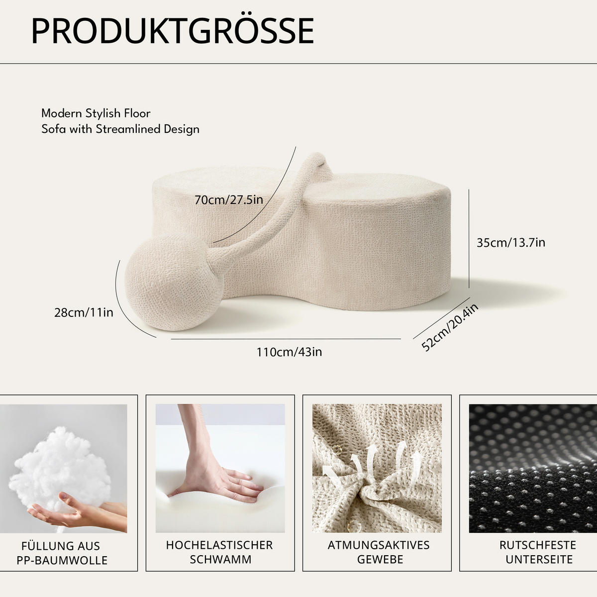 SITZKISSEN Erdnussform Grau - Grau, Textil (52/35/110cm) - Vercart