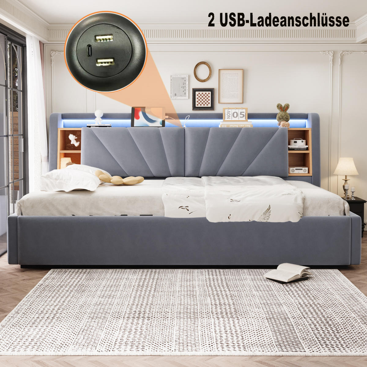 POLSTERBETT 90*200 cm mit LED, USB und Stauraum, Dunkelgrau - Grau, Textil (90/200cm) - FLIEKS