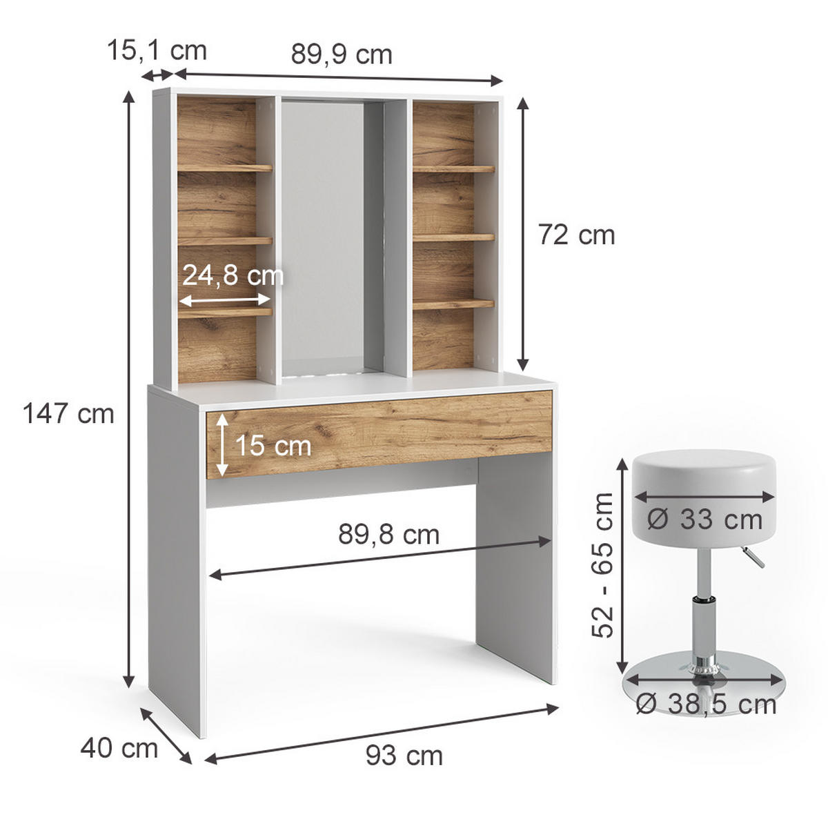 SCHMINKTISCH Alexa Goldkraft Eiche/Weiß 93 cm mit Hocker - Honigeiche/Weiß, Holzwerkstoff (93/147/40cm) - Vicco