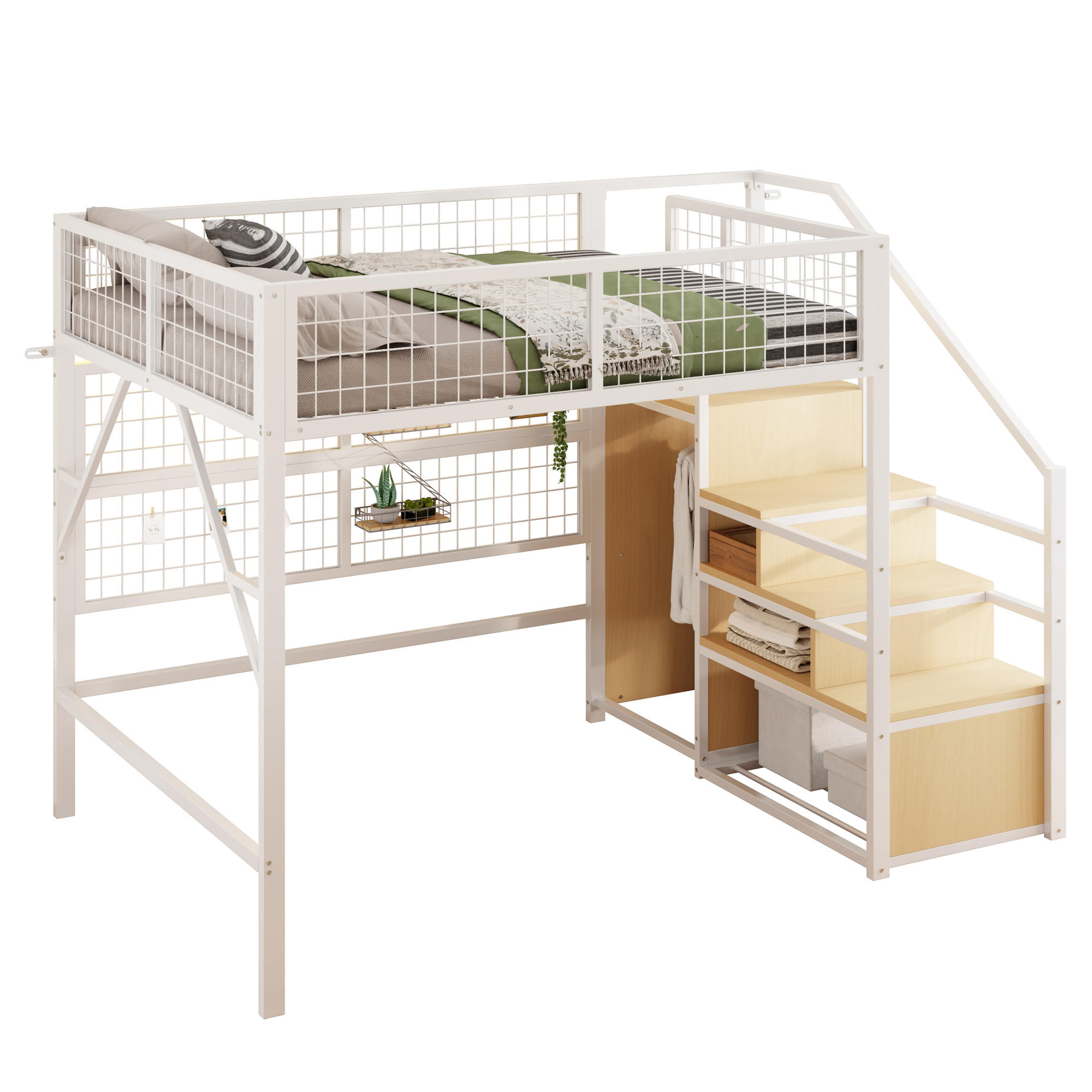 HOCHBETT 140/200 cm Weiß aus Metall mit LED-Beleuchtung und Treppe mit Stauraum - Weiß, Metall (140/200cm) - OKWISH