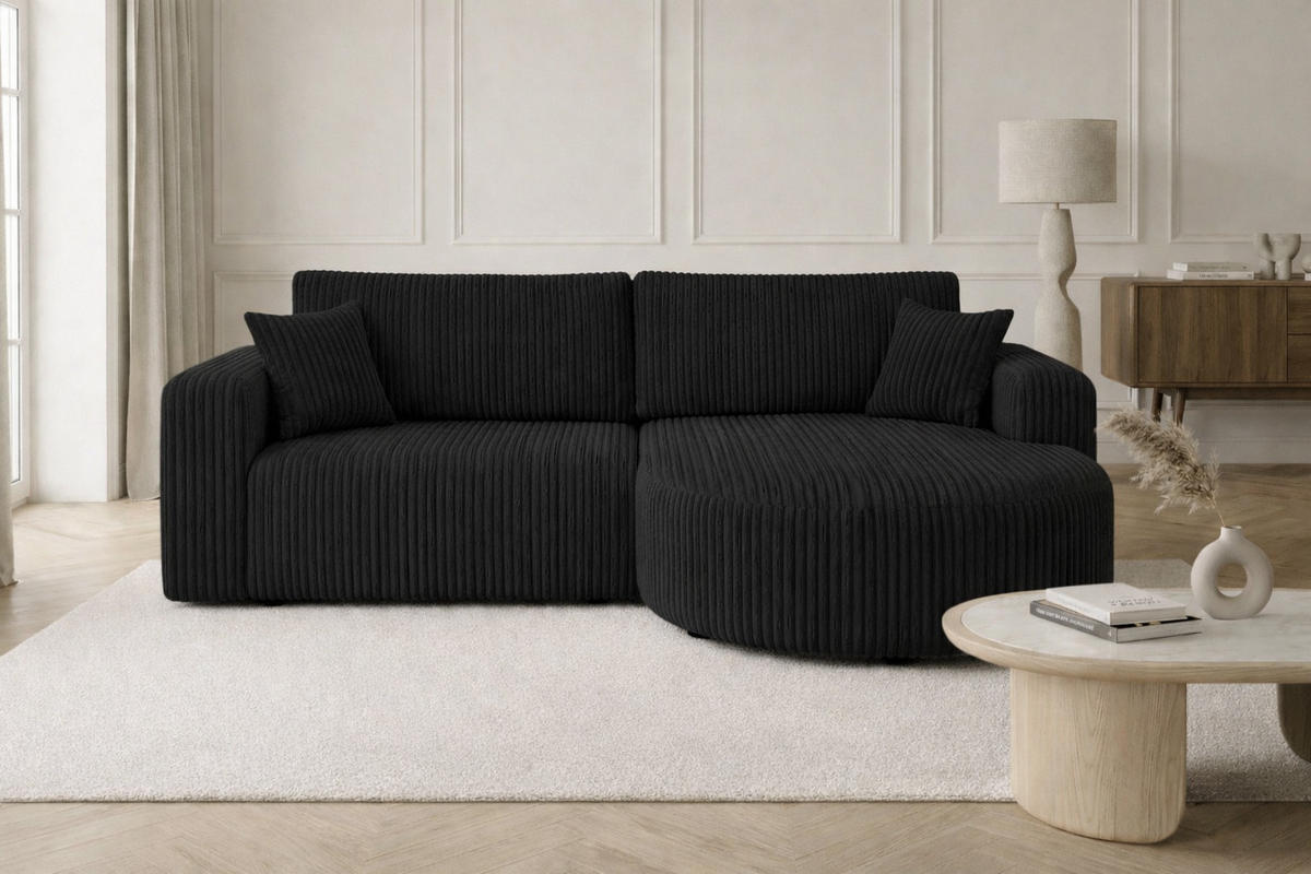 ECKSOFA Mit Schlaffunktion, Cordstoff Tilia, Schwarz, Rechts, ROUND ONE - Schwarz, Holz (244/175cm) - Kaiser Möbel