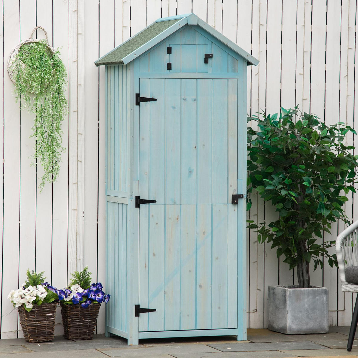 GARTENSCHRANK aus Holz 77x54,2x179 cm in Hellblau mit Fenster & abnehmbaren Eckregalen - Hellblau, Holz (54.2/179/77cm) - Modfu