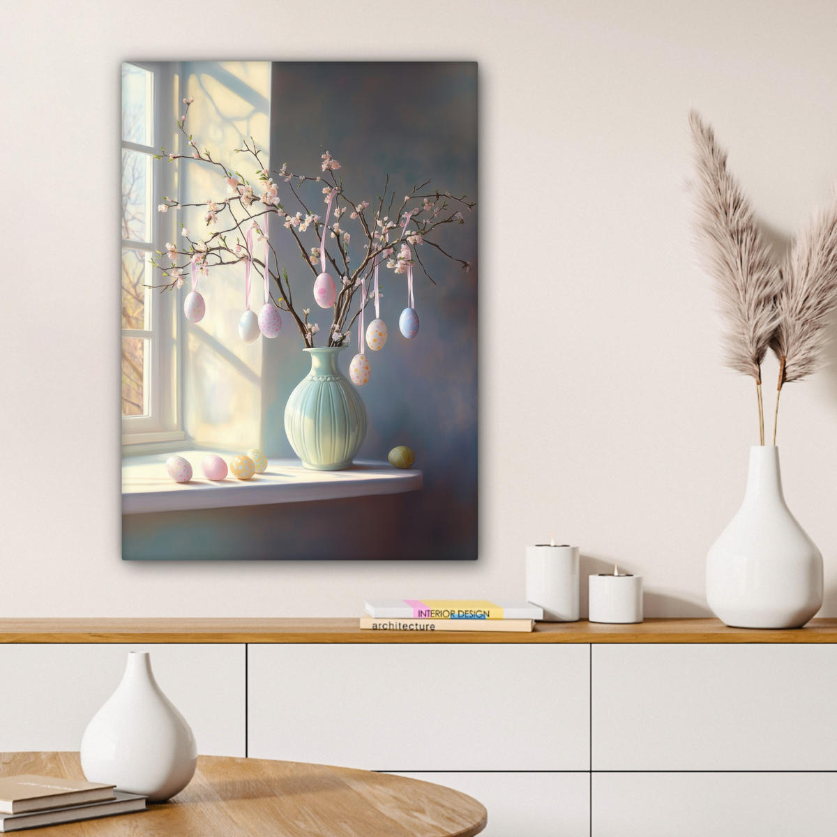 LEINWANDBILD Stillleben - Vase - Osterzweig Wandbild Wohnzimmer 60x80 cm - Hellblau, Textil (60/80cm) - MuchoWow