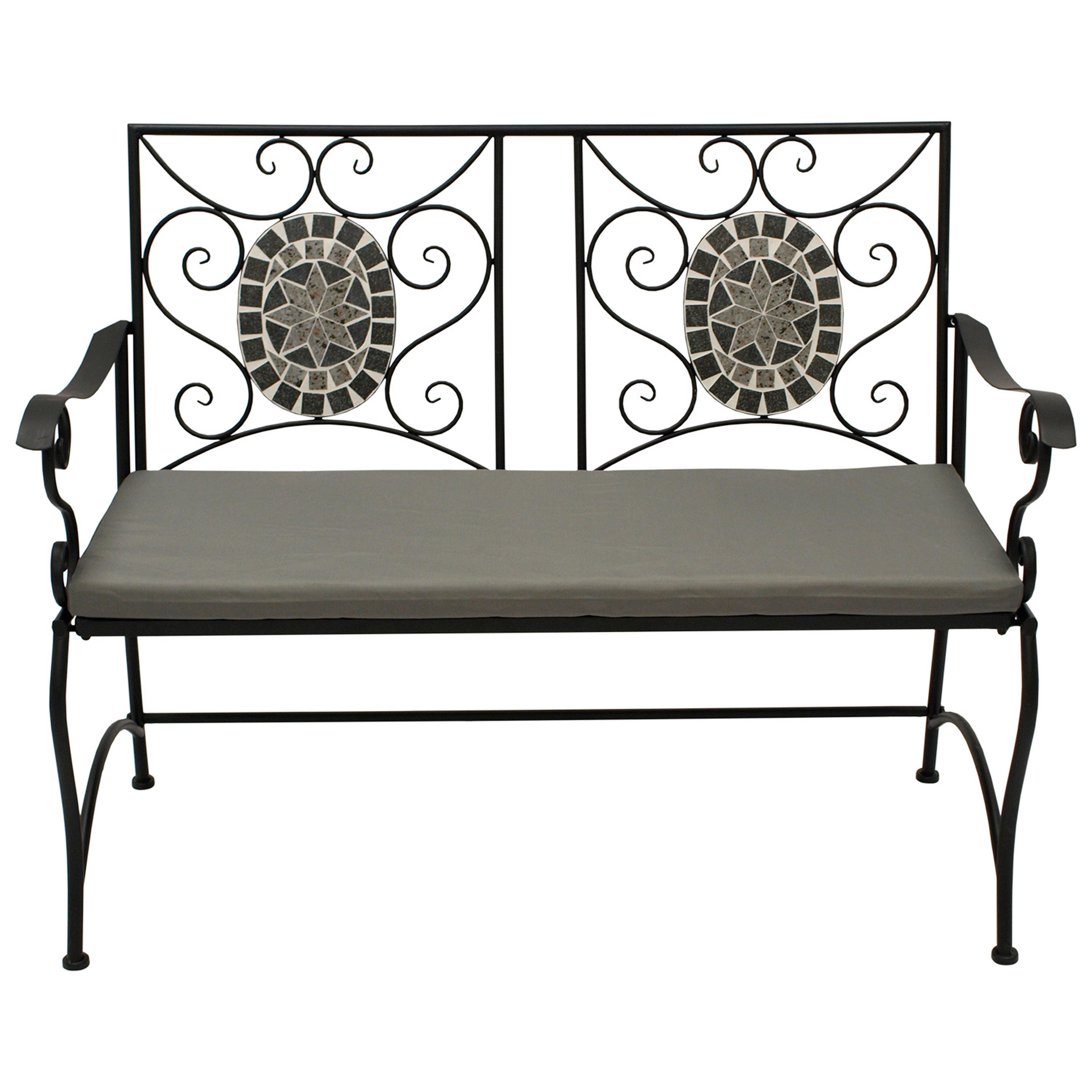 GARTENBANK Derby - 2-er-Sitzbank aus schwarz pulverbeschichtetem Eisen - Sitzfläche Kreuzmuster und Rückenfläche mit Mosaik - Schwarz, Metall (116/90/56cm) - TPFGarden