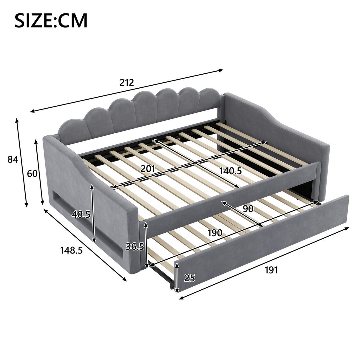 POLSTERBETT 140/200 cm Grau aus MDF mit Ausziehbett - Grau, Holzwerkstoff (140/200cm) - OKMYHOME