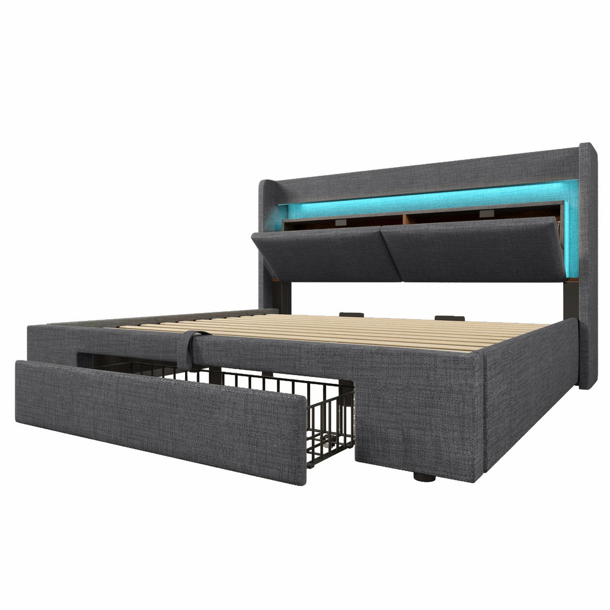 POLSTERBETT 180/200 cm mit LED, USB & USB-C, hydraulischem Stauraum und Kopfteil mit Ablage, Grau - Grau, Textil (180/200cm) - Redom