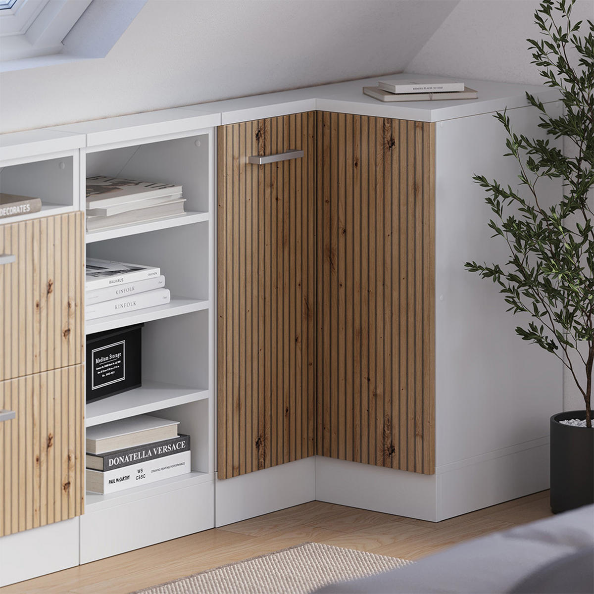 DACHSCHRÄGENSCHRANK ECKSCHRANK Rion Artisan Eiche/Weiß 75.6 x 81.6 cm mit 1 Tür - Eiche Artisan/Weiß, Holzwerkstoff (75.6/81.6/75.6cm) - Vicco