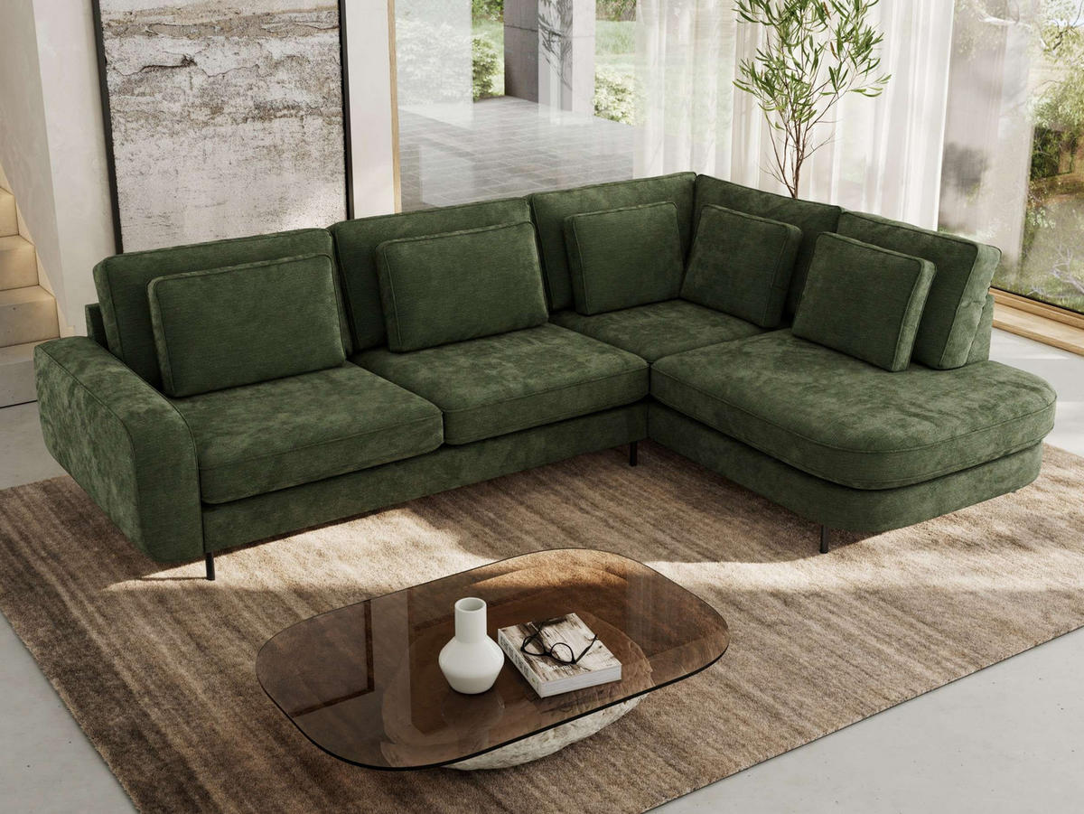 ROHOVÁ SEDAČKA CALENO L - Tmavě zelená Hrubě tkaná žinylka - Levá Strana - černá/tmavě zelená, kov/textil (317/225cm) - MKS