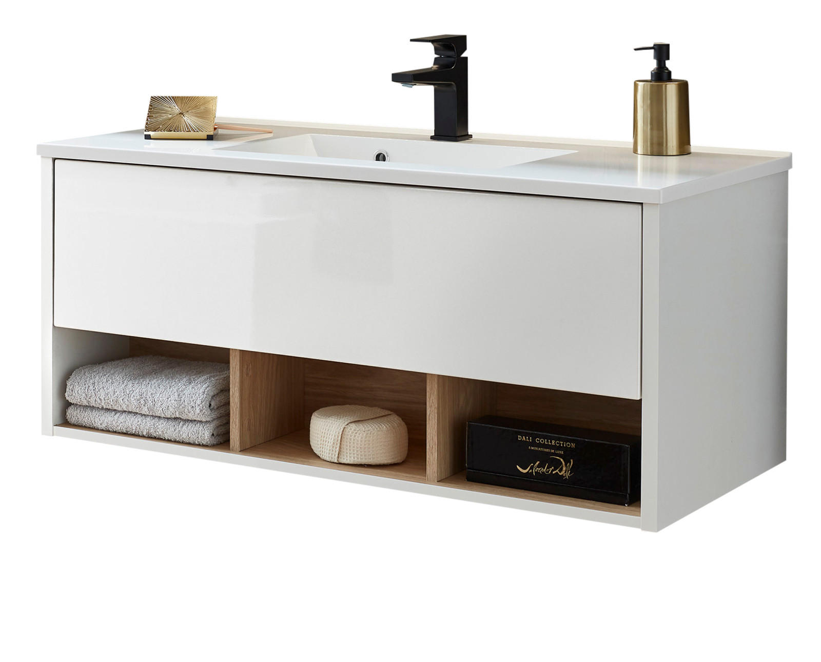 WASCHTISCH weiß Hochglanz und Eiche , Set Waschbeckenunterschrank inklusive Waschbecken, Breite 100 cm - Weiß Hochglanz/Eichefarben, Holzwerkstoff/Metall (100/44/47cm) - Furn.Design